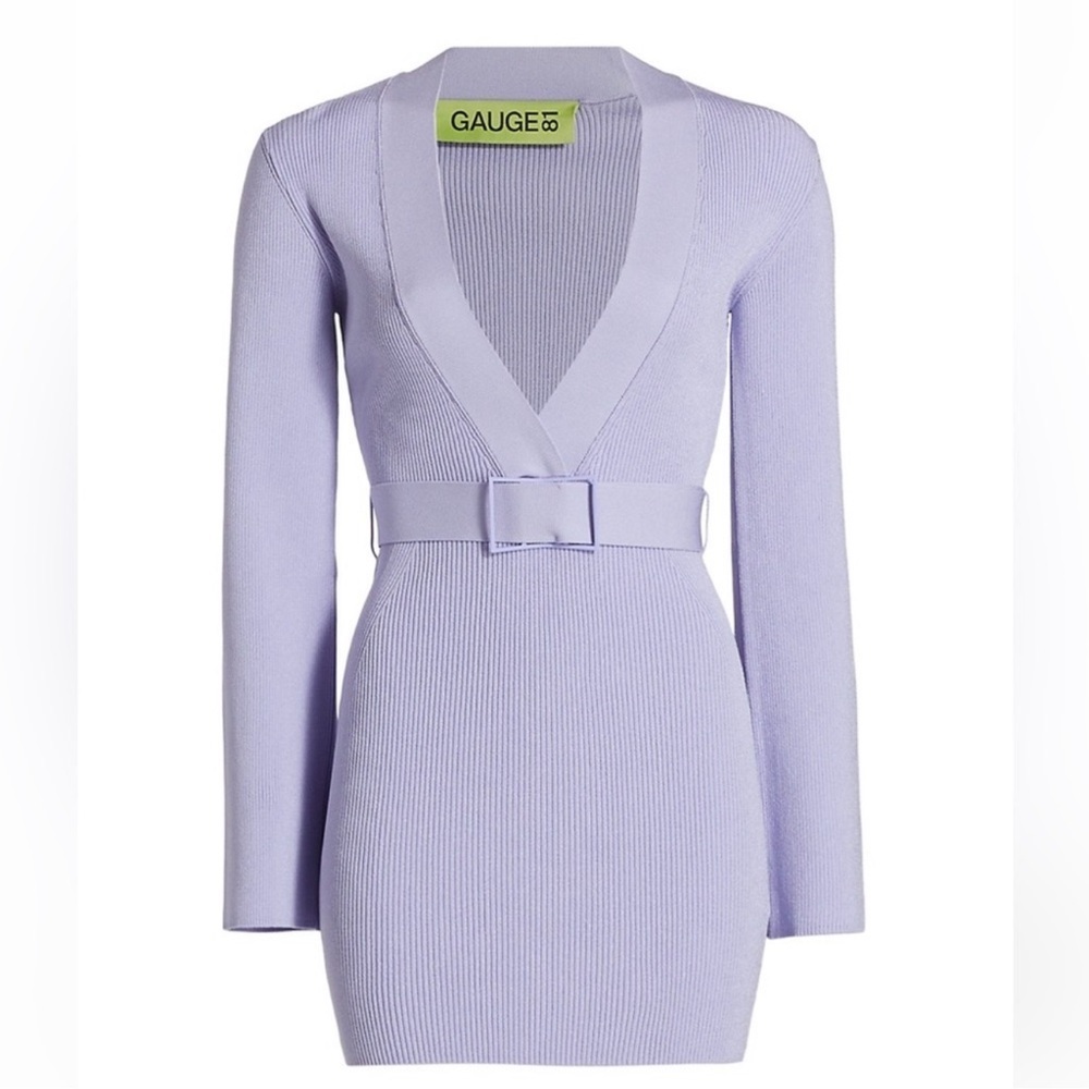 NWT Gauge81 Dress Baha Rib Knit Belted Stretch Long Sleeve Mini Purple Lilac New - Picture 8 of 16